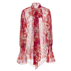 PRABAL GURUNG Ruched Cuff Tie Neck Floral Blouse